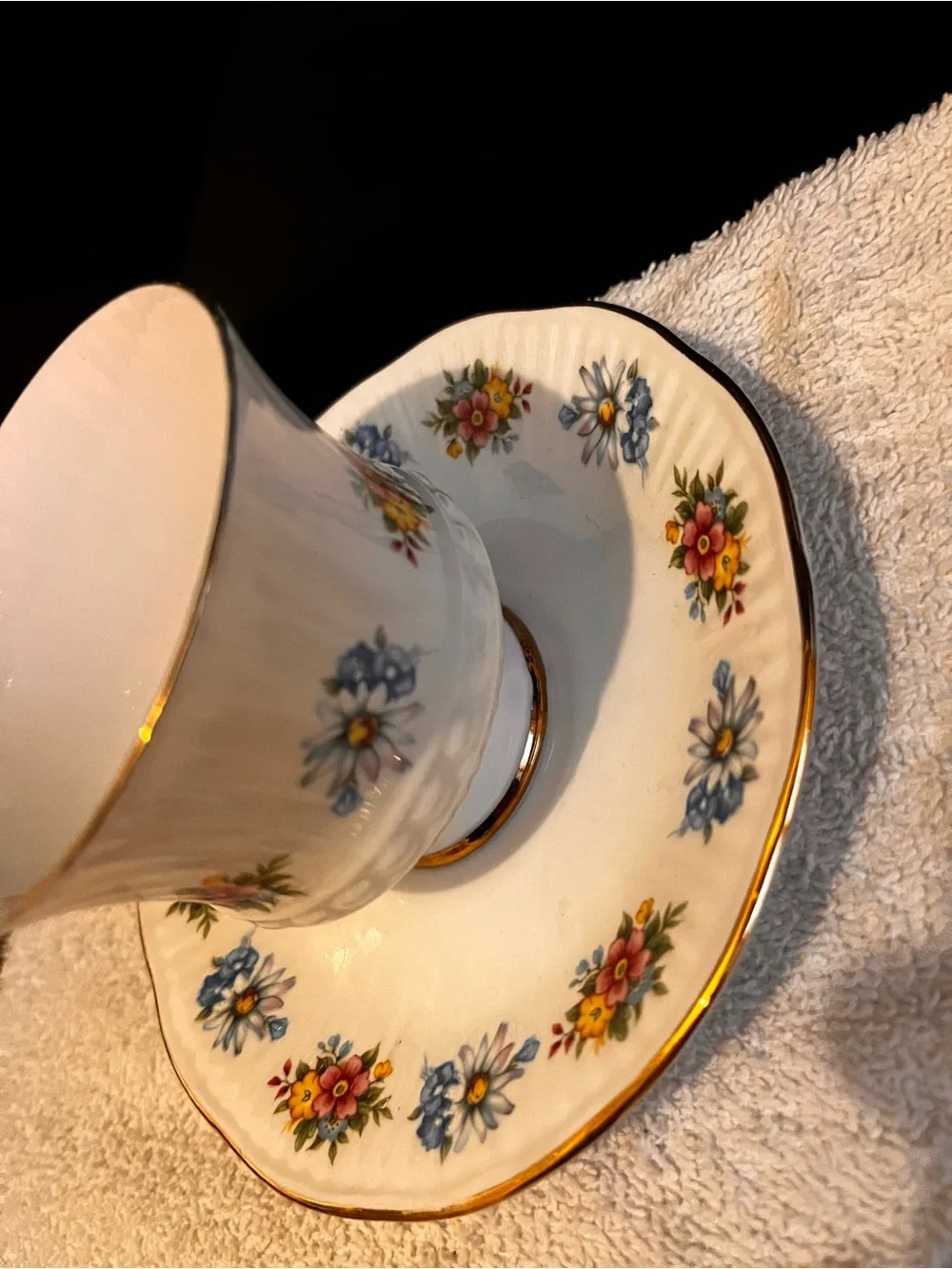 Classic Floral Bone China Teacup and Saucer - White with Multicolor Flowers